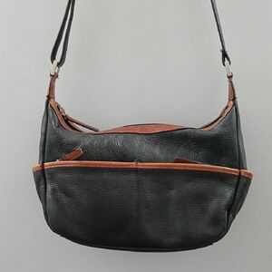 Black Shoulder Bag with Brown Trim - Women's Leather-Effect Hobo